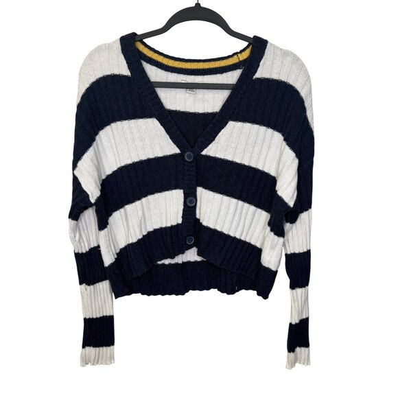 American Eagle Womens Striped Cropped Cardigan Navy White Nautical V-Neck Size M - Picture 1 of 10
